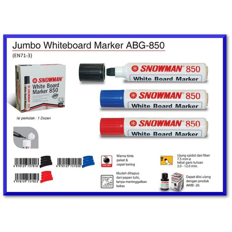 

Spidol Whiteboard Marker Snowman Jumbo ABG - 850 / (1pak/12pcs)
