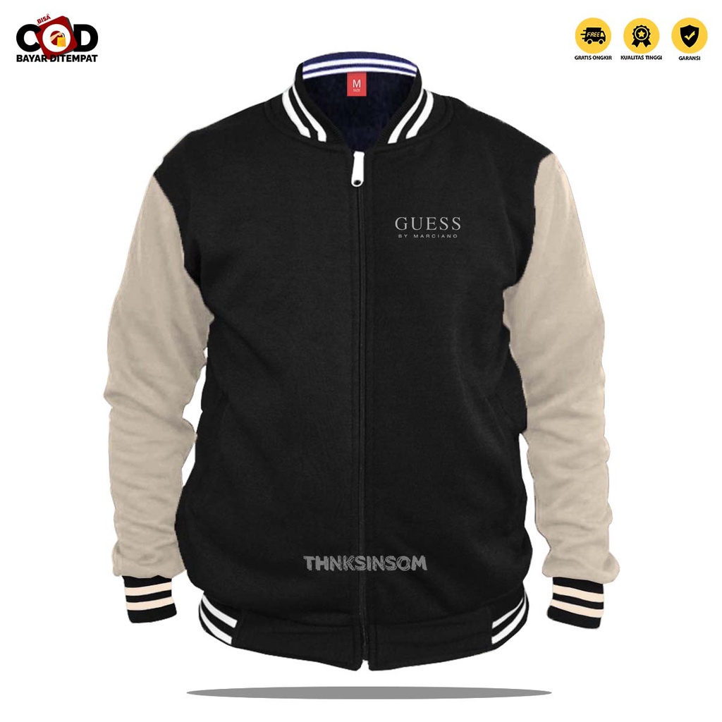 PROMO JAKET DISTRO VARSTY BASEBBAL HOODIE SWEATER ZIPPER LOGO GUES TEXT SILVER HIGH QUALITY PREMIUM 