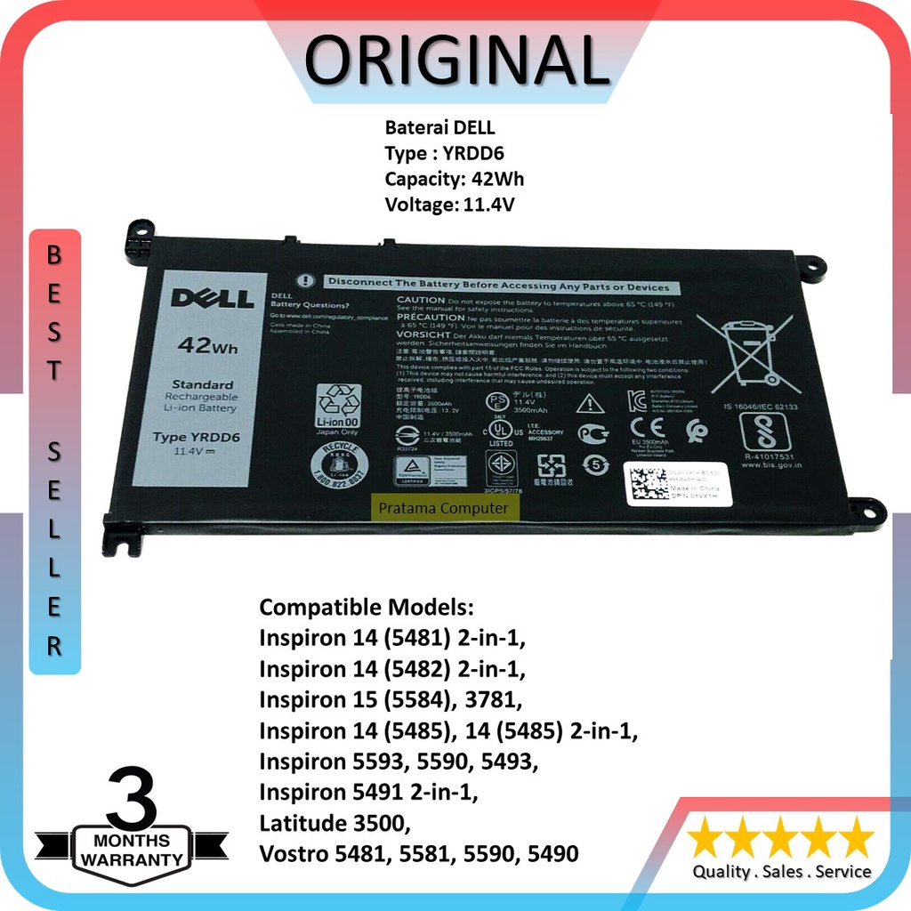 Baterai Dell Original Inspiron 14-5481 14-5482 15-5584 YRDDD6