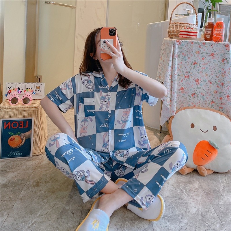 Setelan Baju Celana Tidur Piyama Wanita Cewek Dewasa Lengan Panjang Kotak Kotak Biru Set Premium Import Murah Kekinian Y332 TGFF