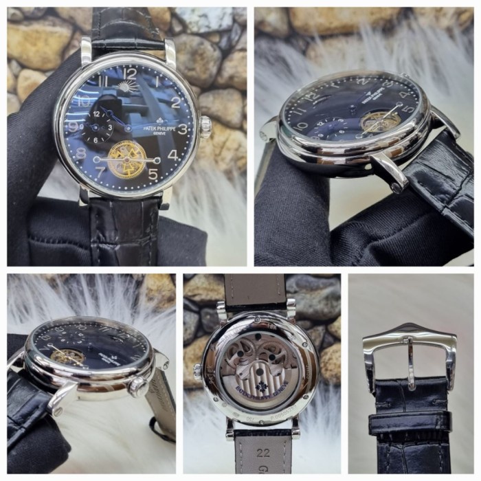 Jam Tangan Pria Patek Philippe  Automatic Silver Black Mewah Strap Kulit Include Box