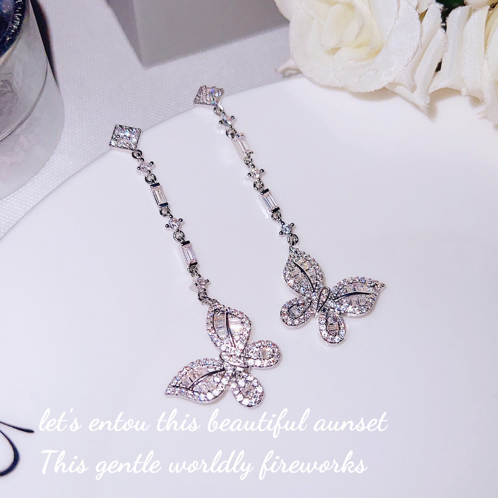 Goldkingdom Aksesoris Perhiasan Fashion Ready Stock Berlian Persegi Panjang Stud Earrings Super Peri Kecil Kupu-Kupu Fluttering Wanita Anting Bentuk