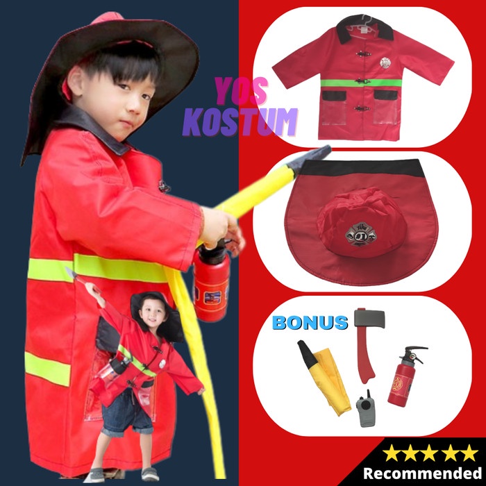 Kostum Pemadam Kebakaran Anak Import Baju Profesi Seragam Damkar TK Fire Fighter Laki Perempuan