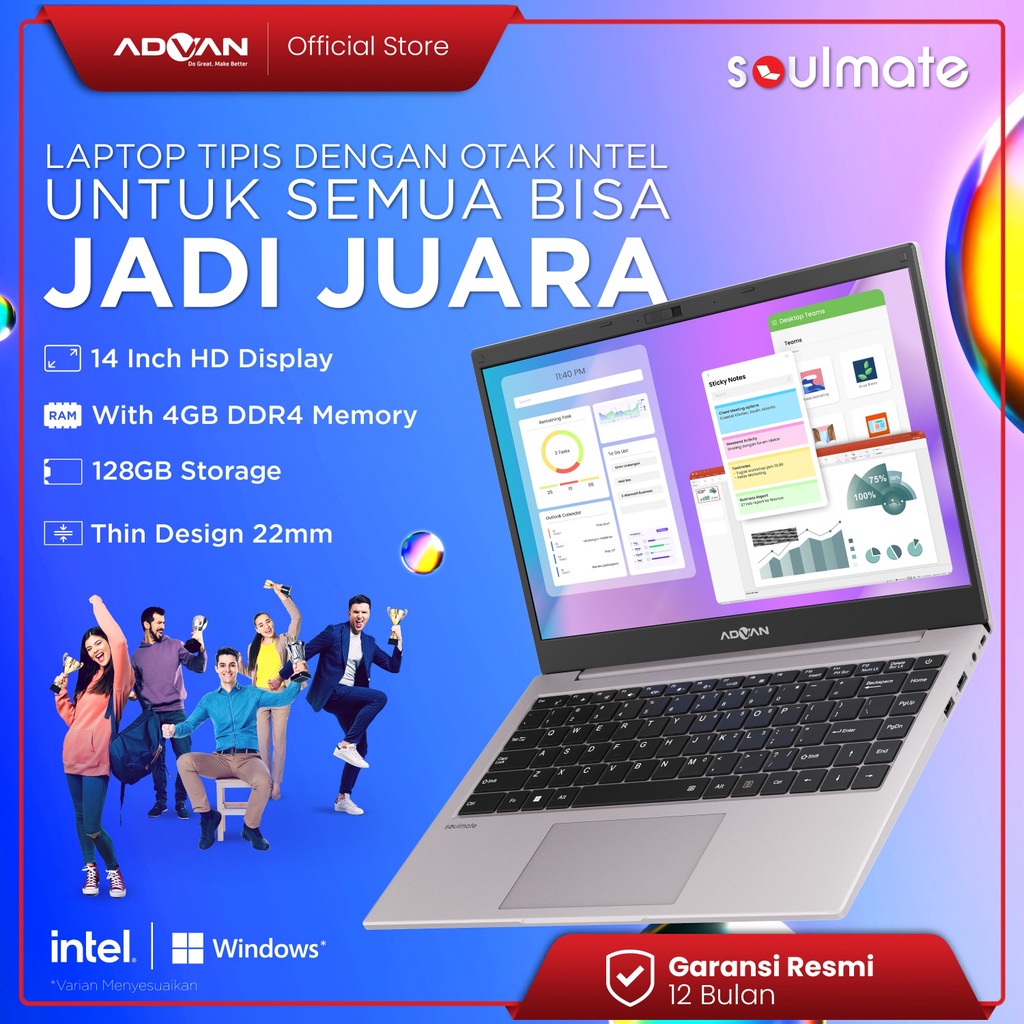 Laptop ADVAN Soulmate 14&quot; Intel Celeron N4020 4GB 128GB Windows 11 Garansi Resmi 1 Tahun - Grey