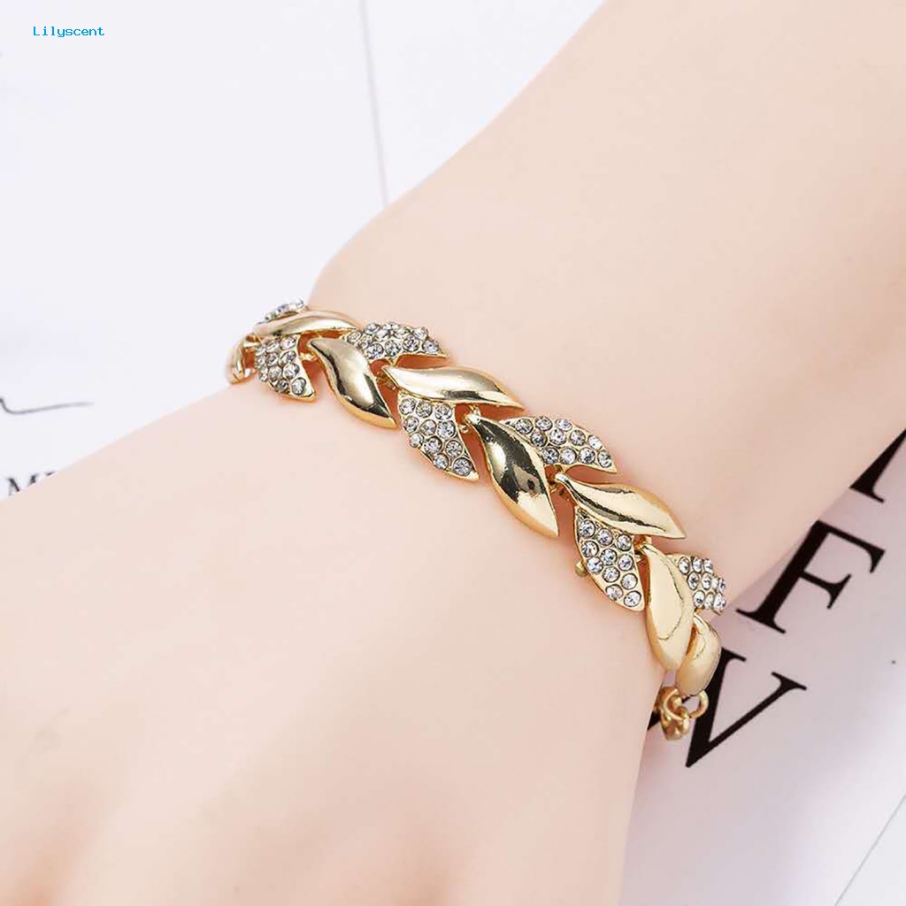 Lilyscent Adjustable Golden Leaves Gelang Berlian Imitasi Bangle Daun Elegan Untuk Wanita