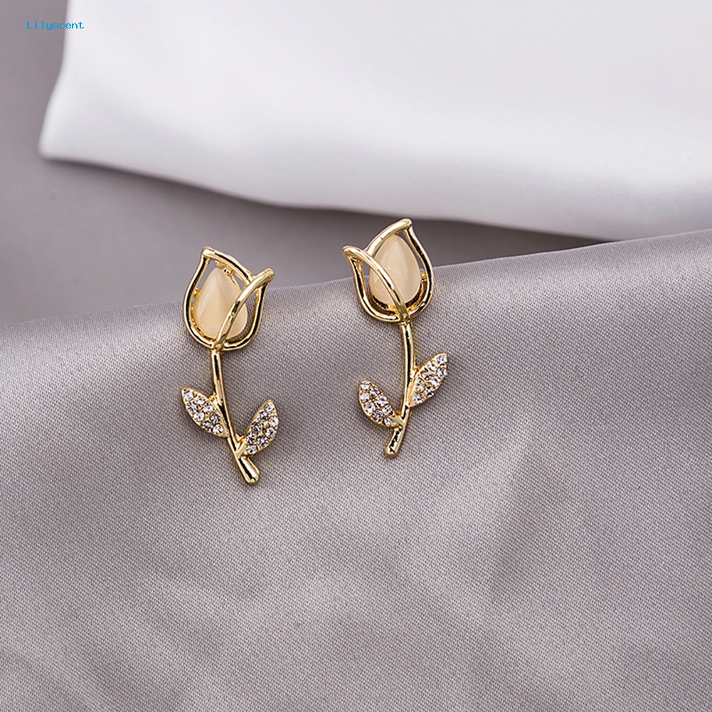 Lilyscent Wanita Fashion Kelopak Mawar Daun Imitasi Batu Permata Berongga Keluar Tindik Stud Earrings