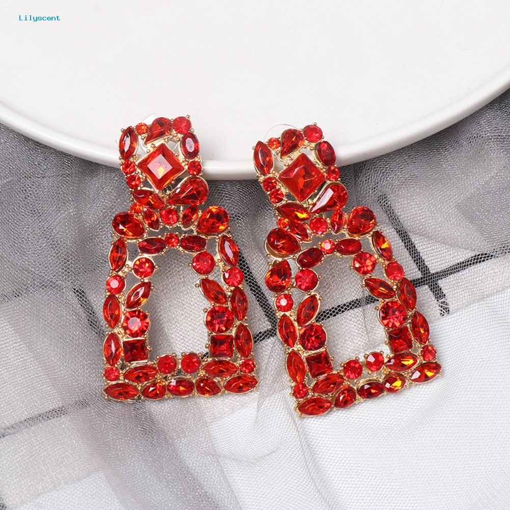 Lilyscent Wanita Berlian Imitasi Berongga Keluar Geometris Menjuntai Ear Stud Earrings Perhiasan Hadiah