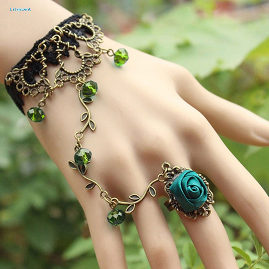 Lilyscent Retro Gothic Wanita Renda Bunga Tangan Budak Harness Gelang Rantai Cincin Perhiasan