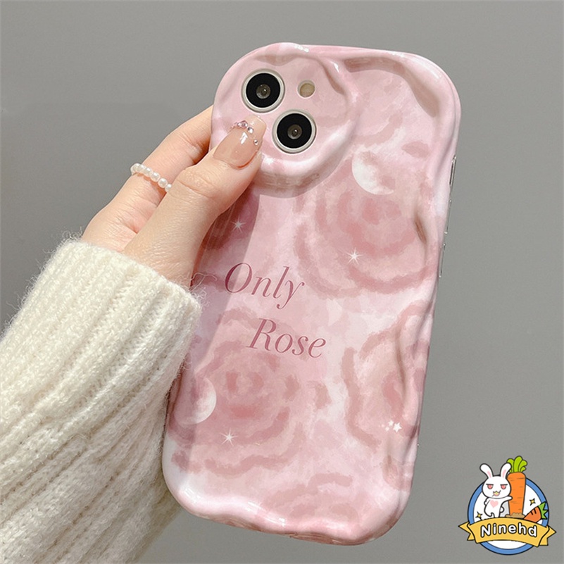 IPHONE Casing Kompatibel Untuk Iphone14 13 12 11 Pro Max X Xr Xs Max8 7 6 6s Plus SE 2020 Ins Pink Lukisan Minyak Rose Phone Case Shockproof Silikon Halus Bergelombang Soft Case Cover Pelindung