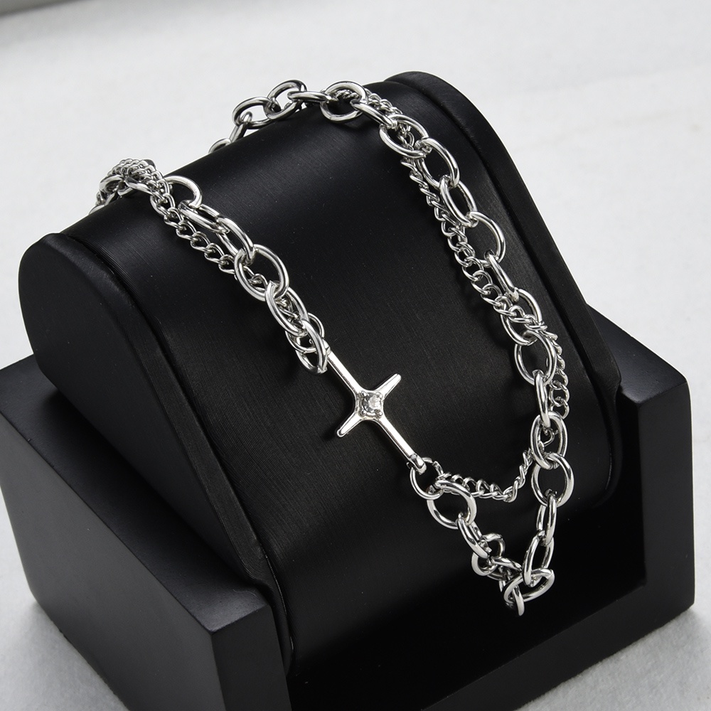 Aksesoris Perhiasan Hip Hop Punk Double Layer Rantai Kalung Choker Kalung Pesona Kalung Kepribadian Pria Anti Karat Kalung Salib Wanita Populer