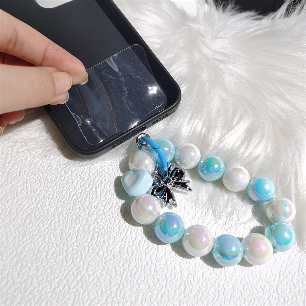 Perak Busur Biru Gantungan Kunci Rantai Ponsel Anti Hilang Lembut Tembikar Tali Tali Lanyard Manik Akrilik Warna-Warni Kasus Ponsel K37