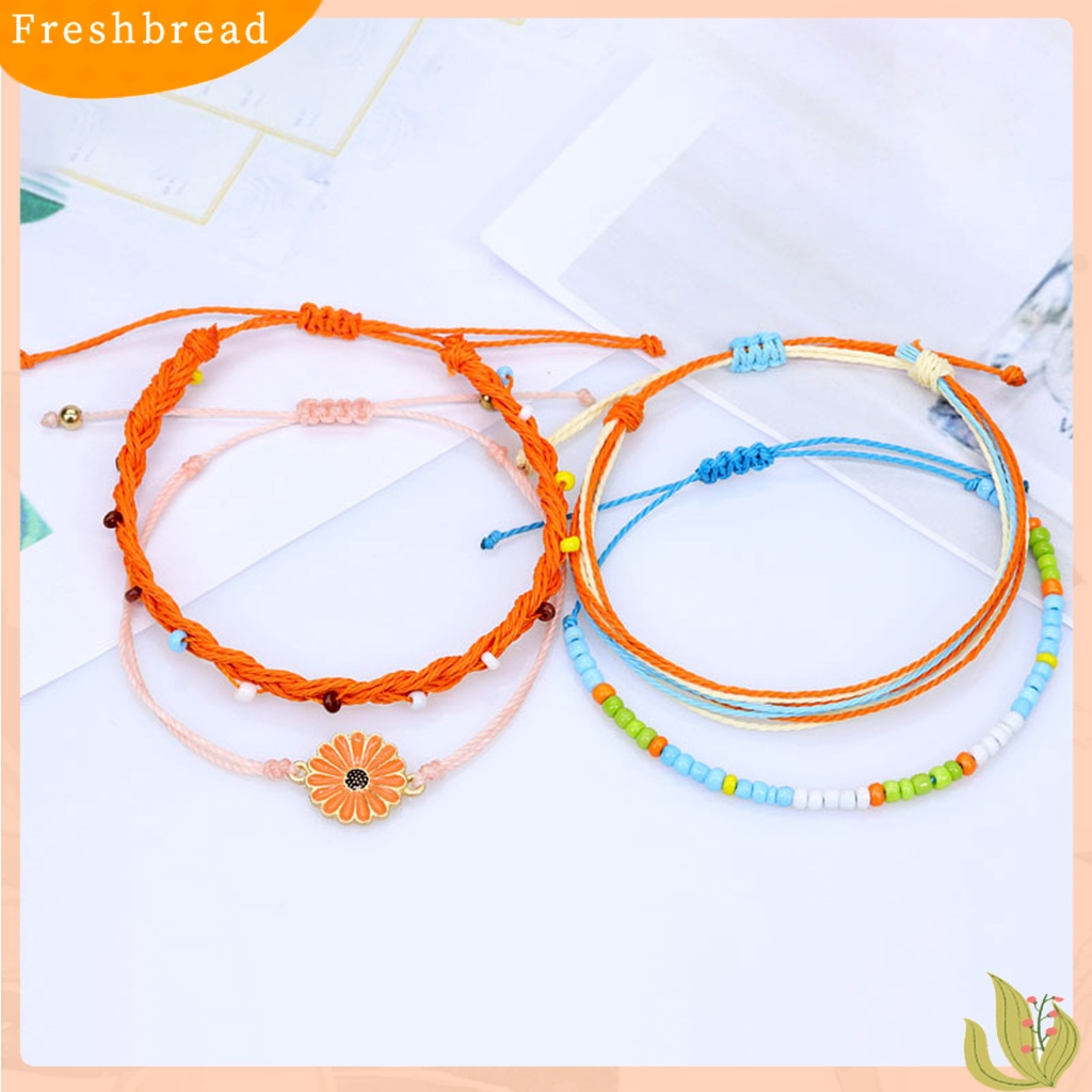 &lt; Freshbread &gt; 4Pcs Wanita Gelang Gaya Bohemian Paduan Tahan Air Tenun Tangan Gelang Braided Bangle Dengan Liontin Set Hadiah Ulang Tahun