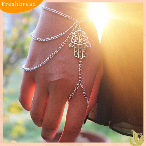 &lt; Freshbread &gt; Wanita Hamsa Tangan Asimetris Budak Rumbai Rantai Harness Jari Cincin Gelang