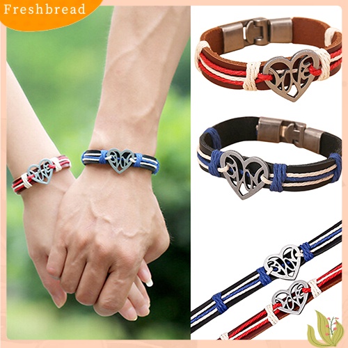 &lt; Freshbread &gt; Pasangan Kekasih Berongga Cinta Hati Rajutan Kulit Bangle Alloy Cuff Buckle Bracelet