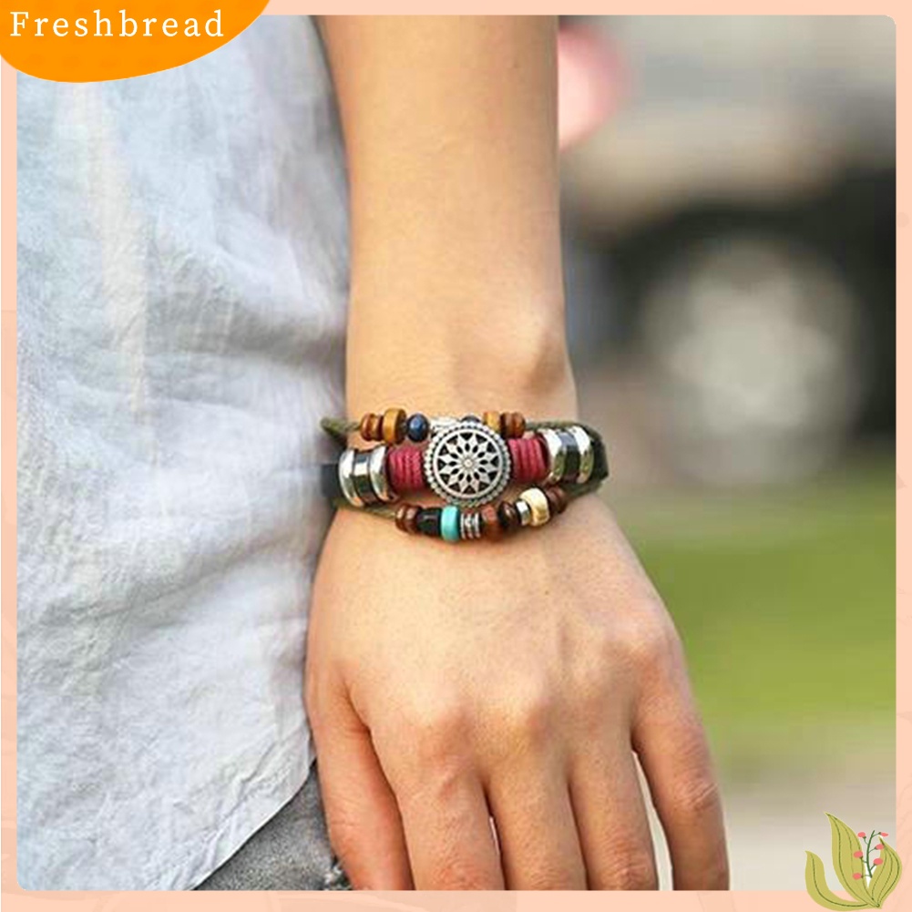 &lt; Freshbread &gt; Boho Wanita Multi Layer Manik-Manik Anyaman Tali Kulit Gelang Adjustable Jewelry