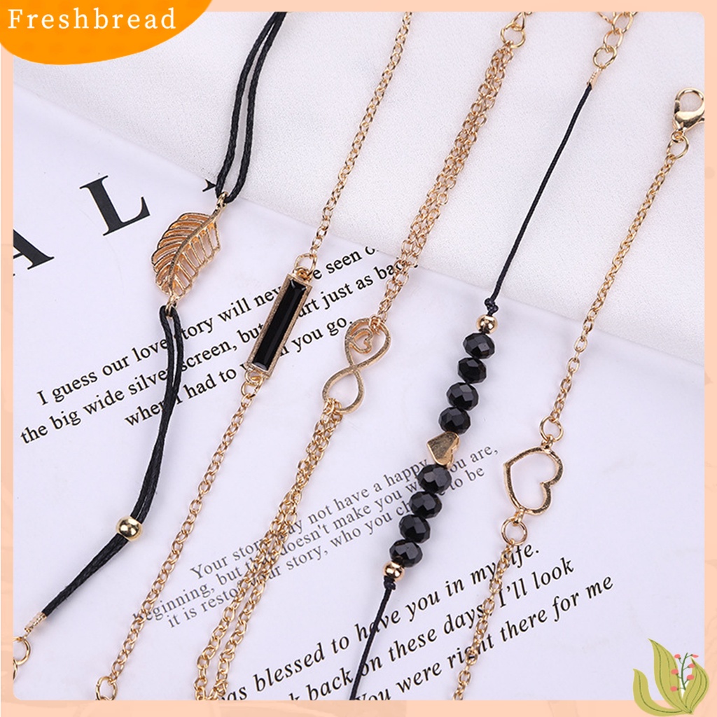 &lt; Freshbread &gt; 5Pcs/Set Gelang Rantai Beberapa Lapisan Handmade Tali Kombinasi Fashion Boho Geometris Daun Manik-Manik Berlapis Tangan Rantai Perhiasan Aksesori