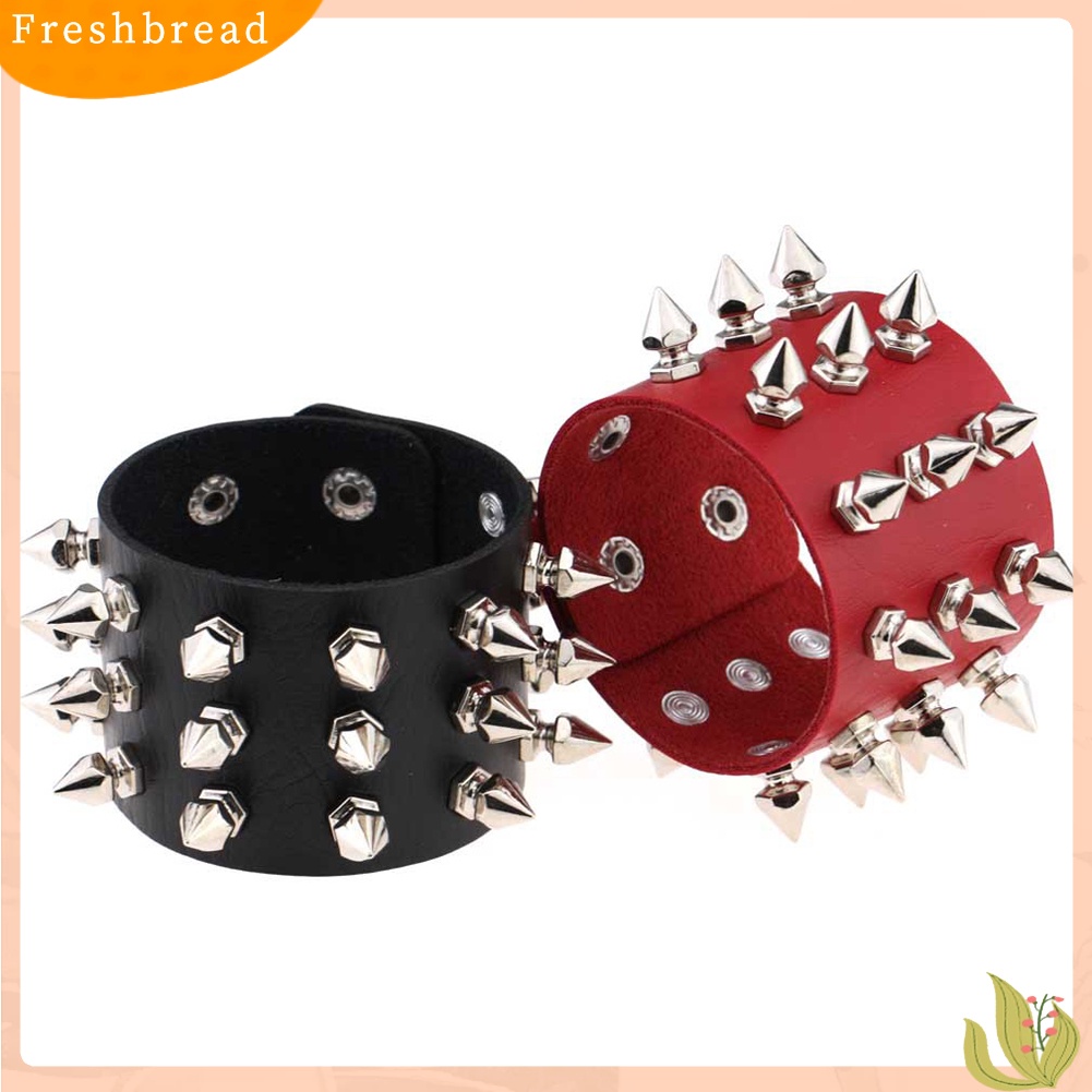 &lt; Freshbread &gt; Punk Triple Lines Stainless Steel Pointed Cone Rivet Gelang Bangle Kulit Imitasi