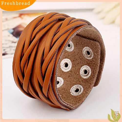 &lt; Freshbread &gt; Wanita Pria Gaya Punk Keren Kulit Bangle Rajut Manset Lebar Handmade Gelang