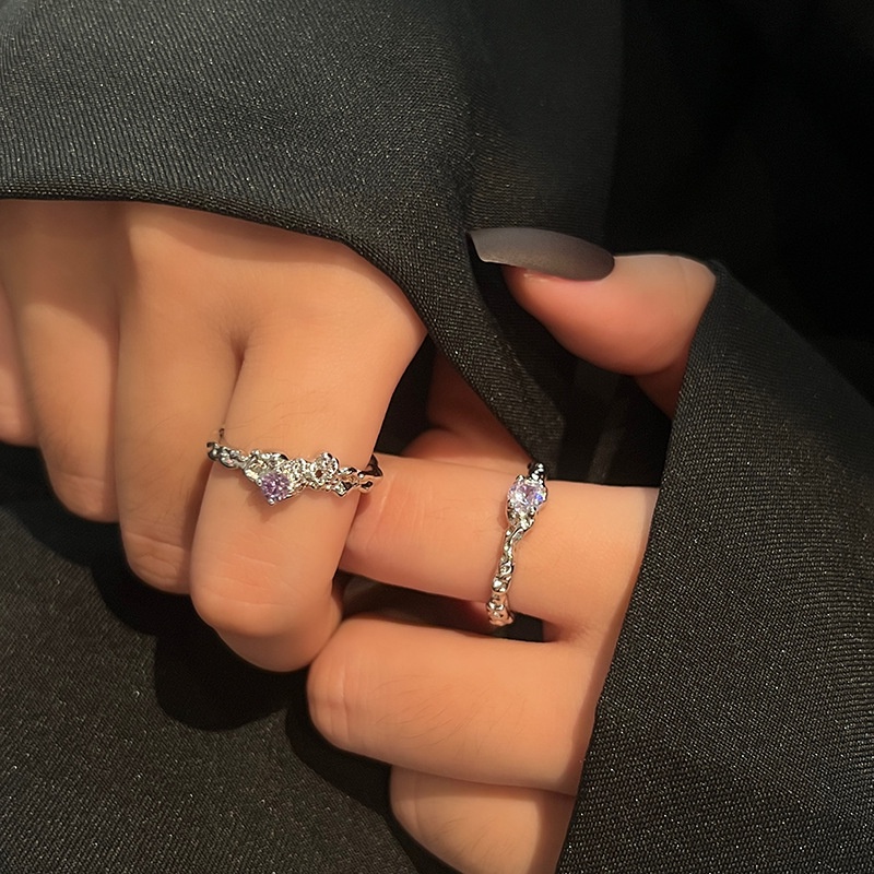 2pcs/set Cincin Kristal Ungu Set Zirkon Cincin Pembukaan Adjustable Untuk Aksesoris Perhiasan Wanita