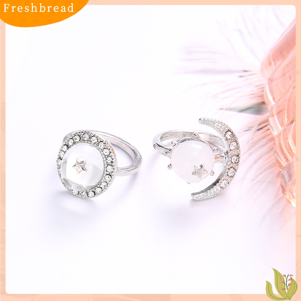 &lt; Freshbread &gt; 2Pcs/Set Boho Wanita Transparan Bulat Berlian Imitasi Hias Bulan Bintang Buku Jari Rings