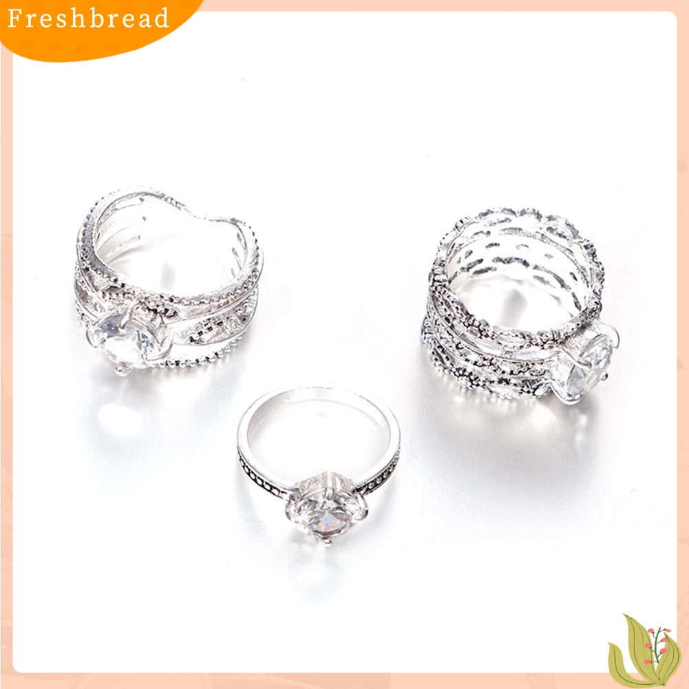 &lt; Freshbread &gt; 3pcs Vintage Berlian Imitasi Bertatahkan Melubangi Jari Cincin Set Perhiasan Wanita Set