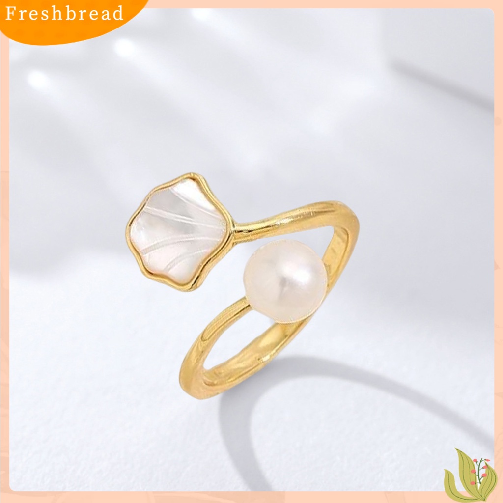 &lt; Freshbread &gt; Wanita Cincin Buatan Mutiara Bentuk Kerang Adjustable Terbuka Vintage Hias Luster Halus Tepi Buku Jari Cincin Untuk Prom