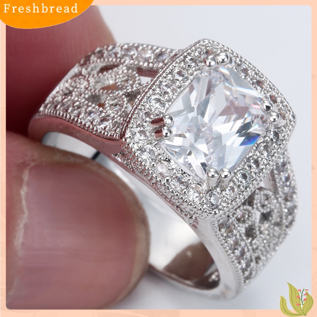 &lt; Freshbread &gt; Shiny Bright Luster Copper Women Ring Berongga Timbul Pola Bunga Cubic Zirconia Cincin Perhiasan Aksesoris