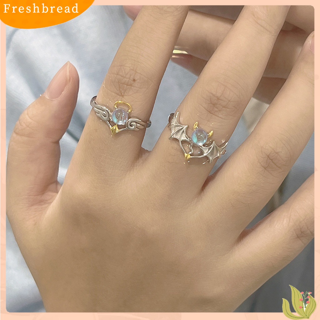 &lt; Freshbread &gt; Wanita Cincin Romantis Bersinar Faux Moonstone Desain Pembukaan Yang Dapat Disesuaikan Hadiah Hias Sayap Setan Malaikat Jari Cincin Perhiasan Pesta Untuk Kekasih