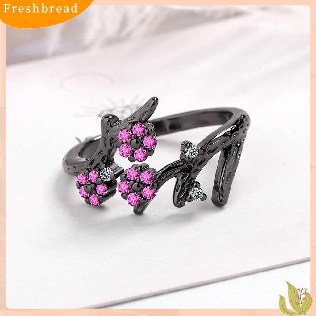 &lt; Freshbread &gt; Cincin Adjustable Open End Copper Blooming Plum Flower Rhinestone Ring Untuk Pakaian Sehari-Hari