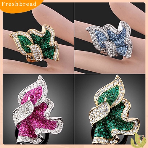 &lt; Freshbread &gt; Wanita Daun Berlapis Emas 9K Kristal Berlian Imitasi Hias Cocktail Cincin Hadiah Perhiasan