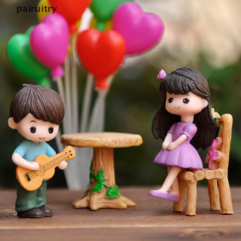 Prt 2pcs Ornamen Miniatur Kreatif Cowok Cewek Gitar Sweety Lovers Patung Pasangan PRT