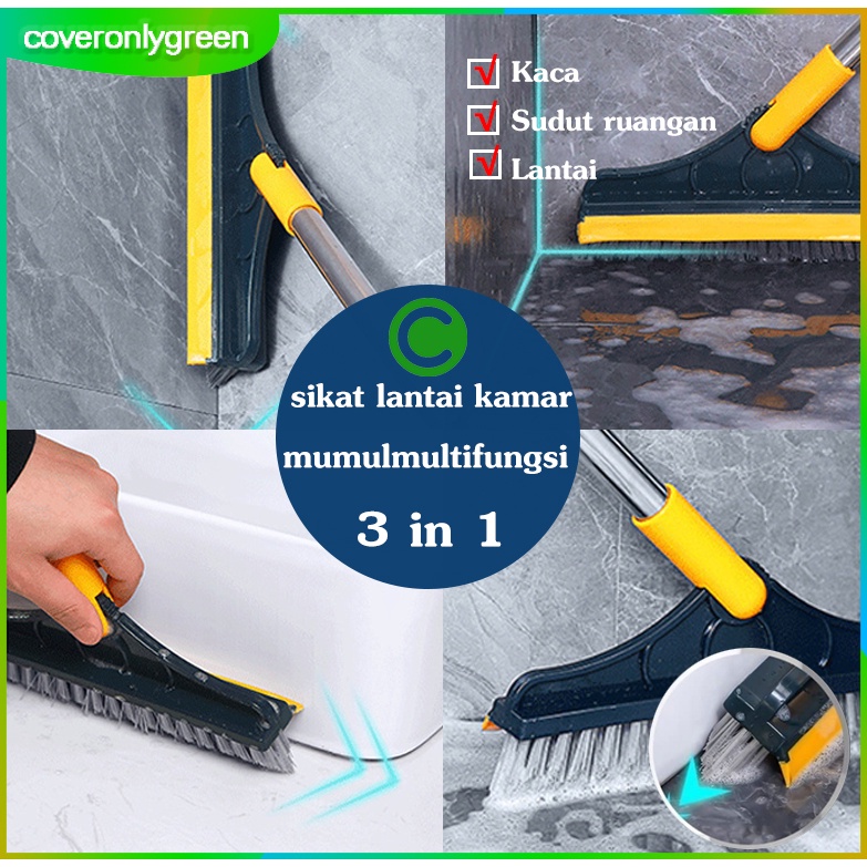 3 kepala pembersih Sikat Lantai Kamar Mandi Toilet 3 in 1 Sikat Pembersih WC Praktis Multifungsi Serokan Air Gagang Panjang