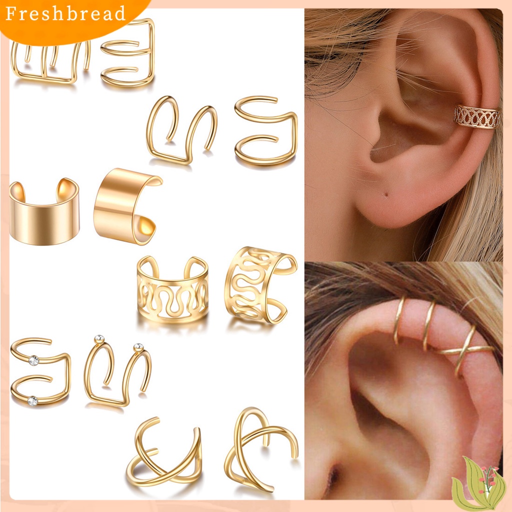 &lt; Freshbread &gt; 12Pcs Wanita Anting Logam Klub Malam Tindik Gratis Klip Telinga Sederhana Perhiasan Hadiah