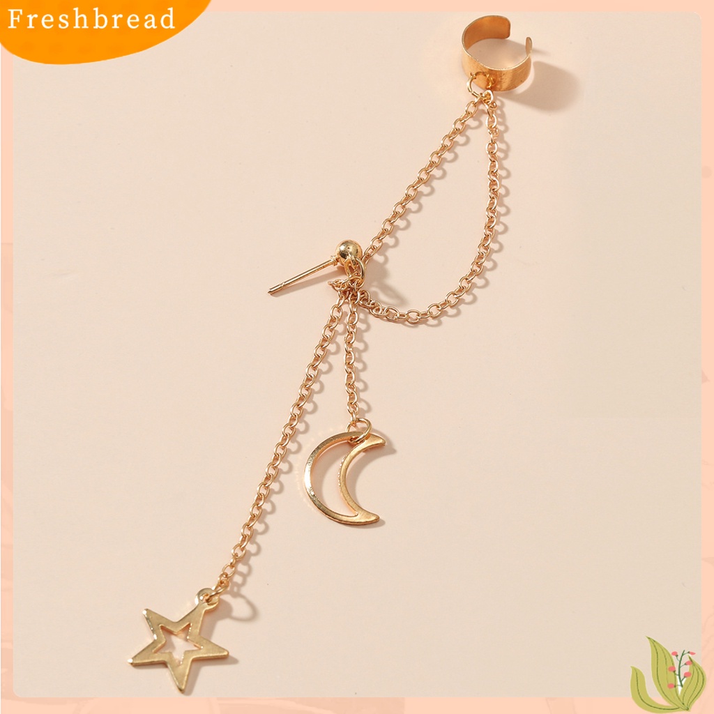 &lt; Freshbread &gt; 1pc Anting Klip Wanita Warna Solid Stainless Gaya Hip Hop Bentuk Bulan Panjang Rumbai Tulang Rawan Earrings Jewelry