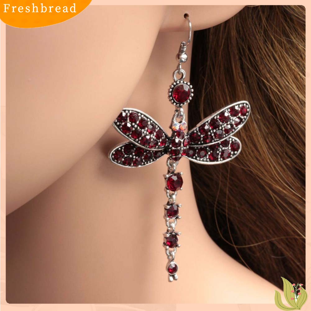 &lt; Freshbread &gt; Retro Wanita Berlian Imitasi Hias Capung Berbentuk Pesona Kait Anting Perhiasan Hadiah