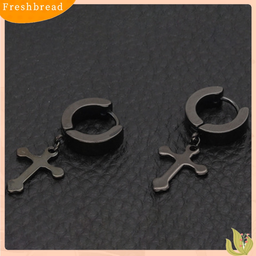 &lt; Freshbread &gt; 1pasang Anting Salib Menjuntai Tahan Lama Gaya Liontin Baja Titanium Pria Wanita Dewasa Liontin Salib Hoop Earring Untuk Pesta