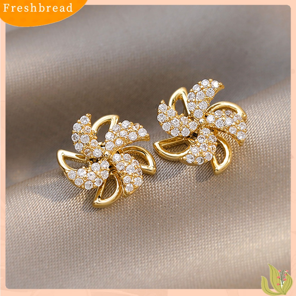 &lt; Freshbread &gt; Ear Studs Rotating Windmill Shape Rhinestone Gaya Korea Shiny All Match Stud Earrings Aksesoris Perhiasan