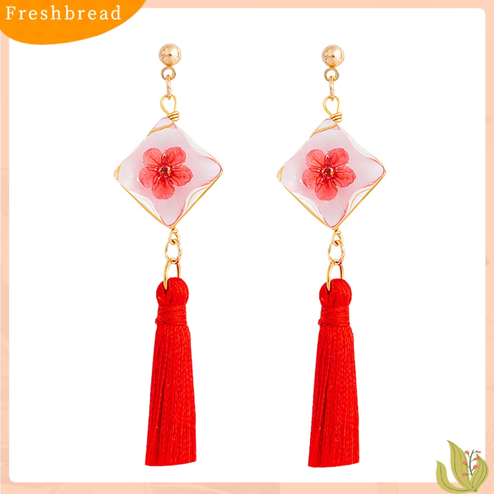 &lt; Freshbread &gt; Ethnic Square Daffodil Panjang Rumbai Menjuntai Ear Stud Earrings Wanita Perhiasan Hadiah