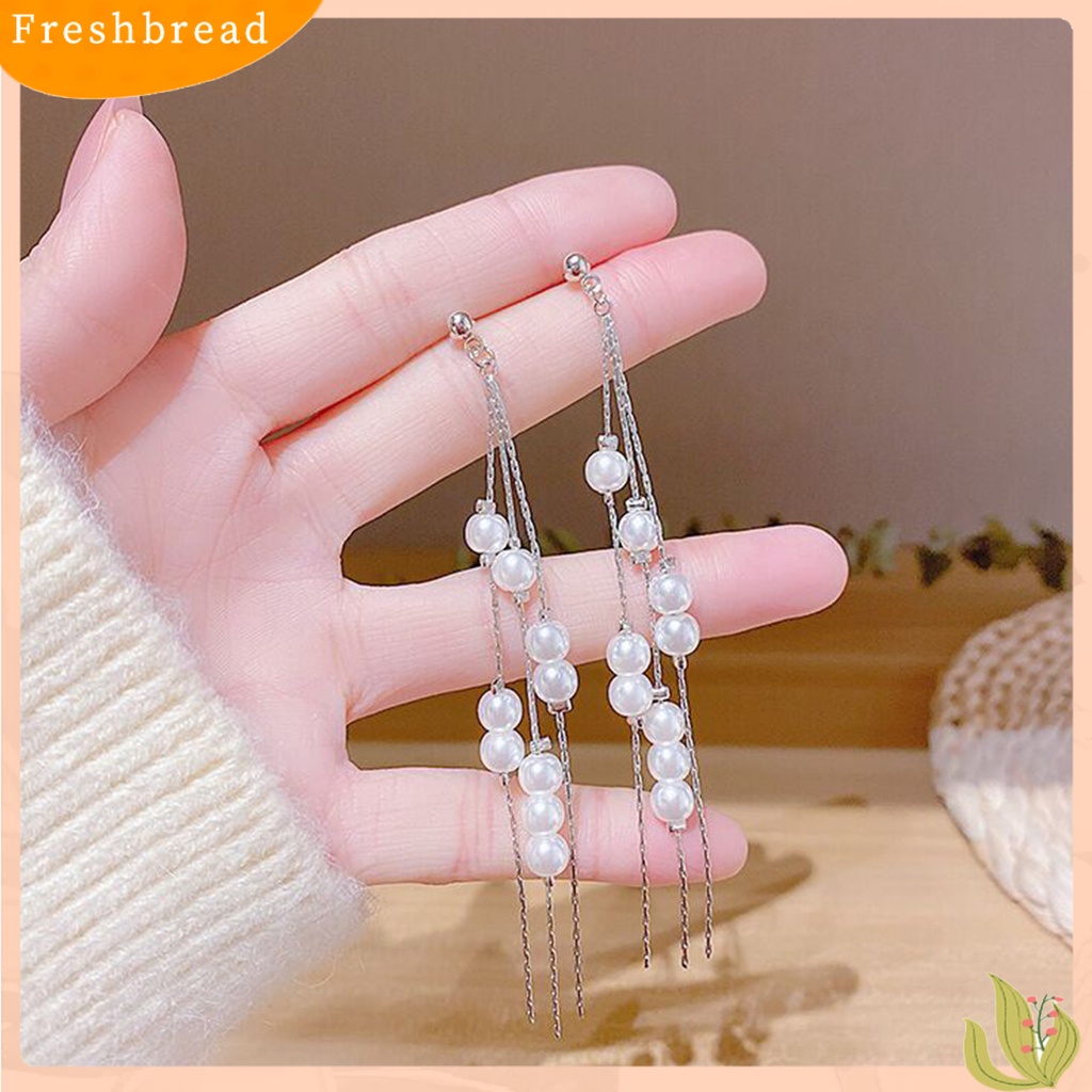 &lt; Freshbread &gt; 1pasang Anting Menjuntai Jumbai Panjang Elegan Alloy Berkilau Berlian Imitasi Anting Mutiara Imitasi Untuk Wanita