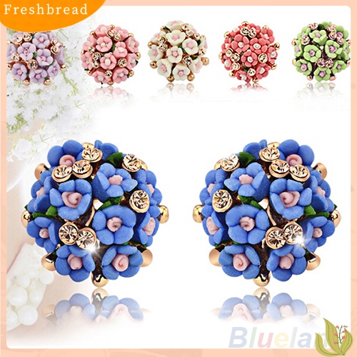 &lt; Freshbread &gt; Wanita Gadis Pengantin Pernikahan Perhiasan Bunga Mempesona Berlian Imitasi Klip Stud Earrings