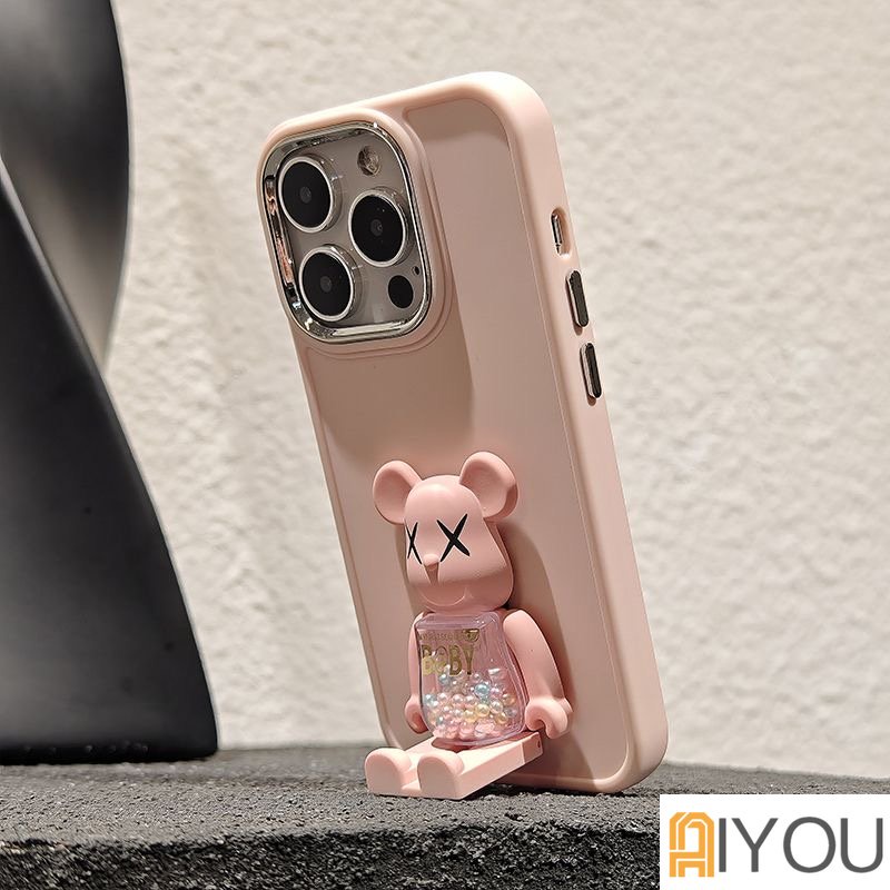 IPHONE Lucu Permen Warna Putar Violence bear Phone Holder bracket Casing Untuk Iphone14 13 12 11 Pro Max XS Max Casing Ponsel Tombol Logam Gelombang Silikon Soft Cover