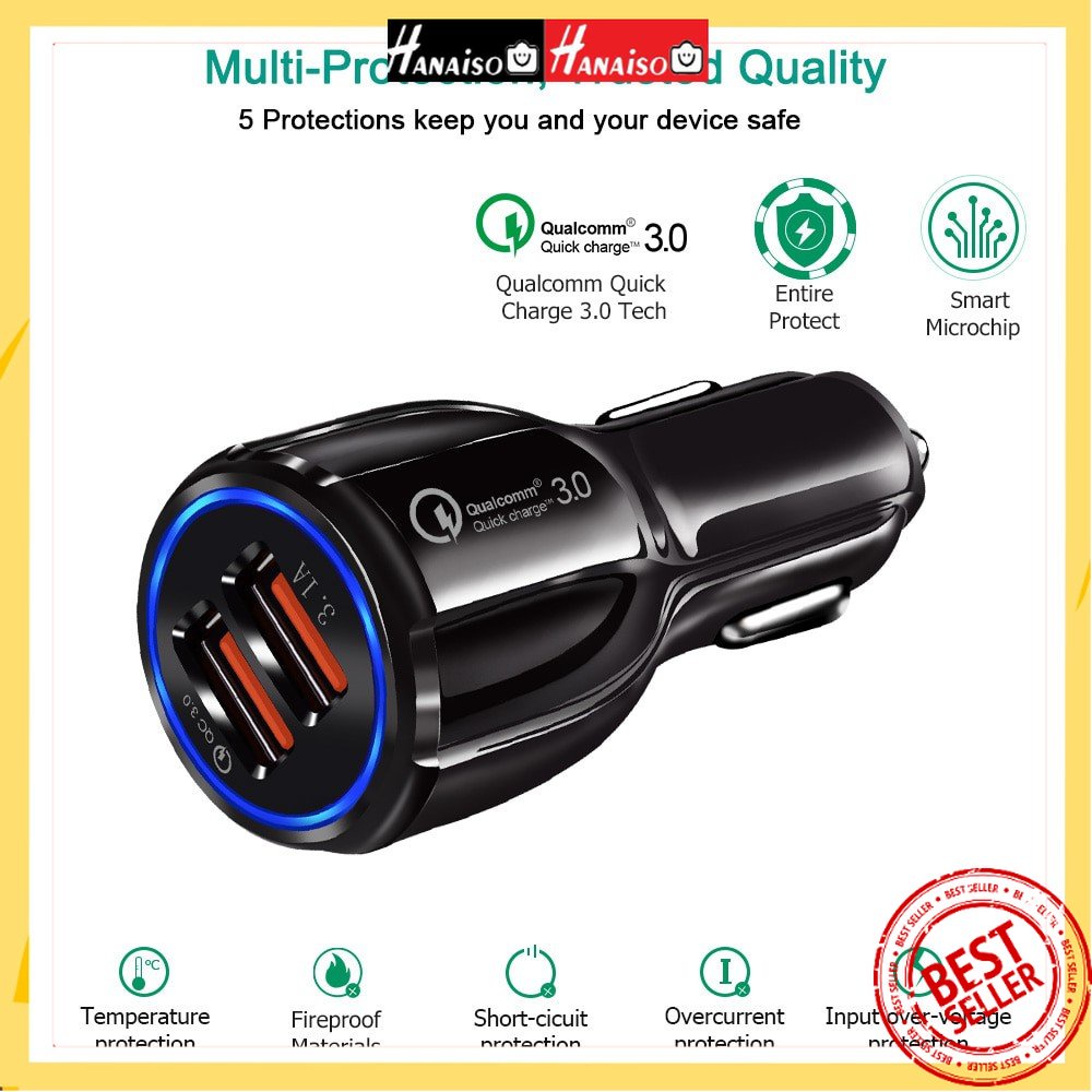 Hanaiso GARANSI FAST CHARGING Charger Mobil Quick Charge Fast Charging 2 USB Port 3.1A QC3.0 Vynix Joyseus lighter adaptor Car charger fast turbo untuk samsung iphone ipad xiaomi realme oppo vivo huawei