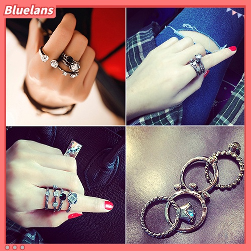 {In Stock} 4Pcs Wanita Retro Punk Berlian Imitasi Cincin Set Mid Finger Stack Ring Fashion Jewelry