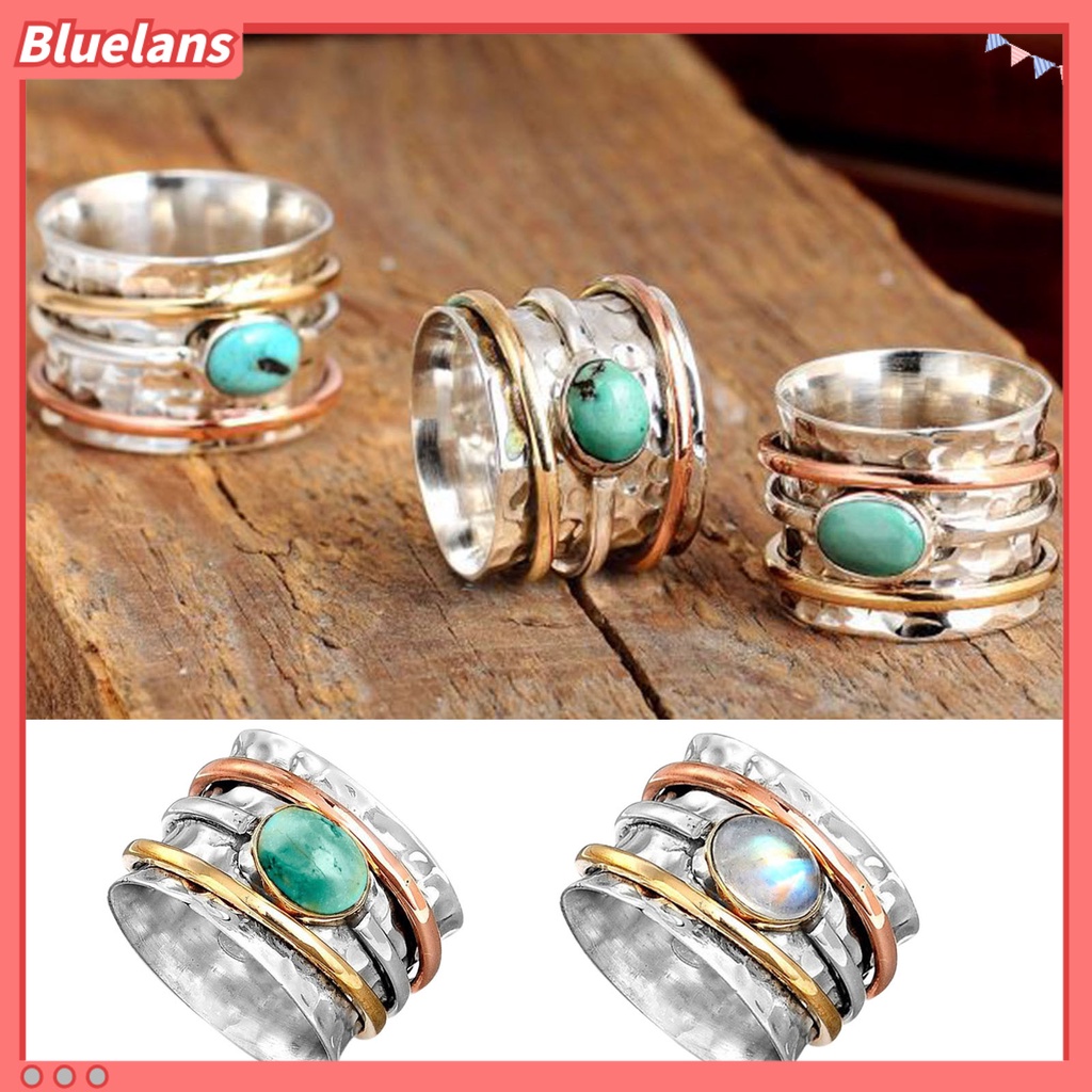 {In Stock} Cincin Pria Bohemian Vintage Hias Turquoises Tiga Warna Finger Ring Untuk Pacaran