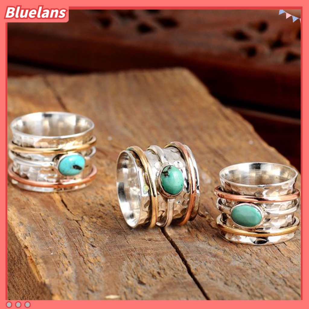 {In Stock} Cincin Pria Bohemian Vintage Hias Turquoises Tiga Warna Finger Ring Untuk Pacaran