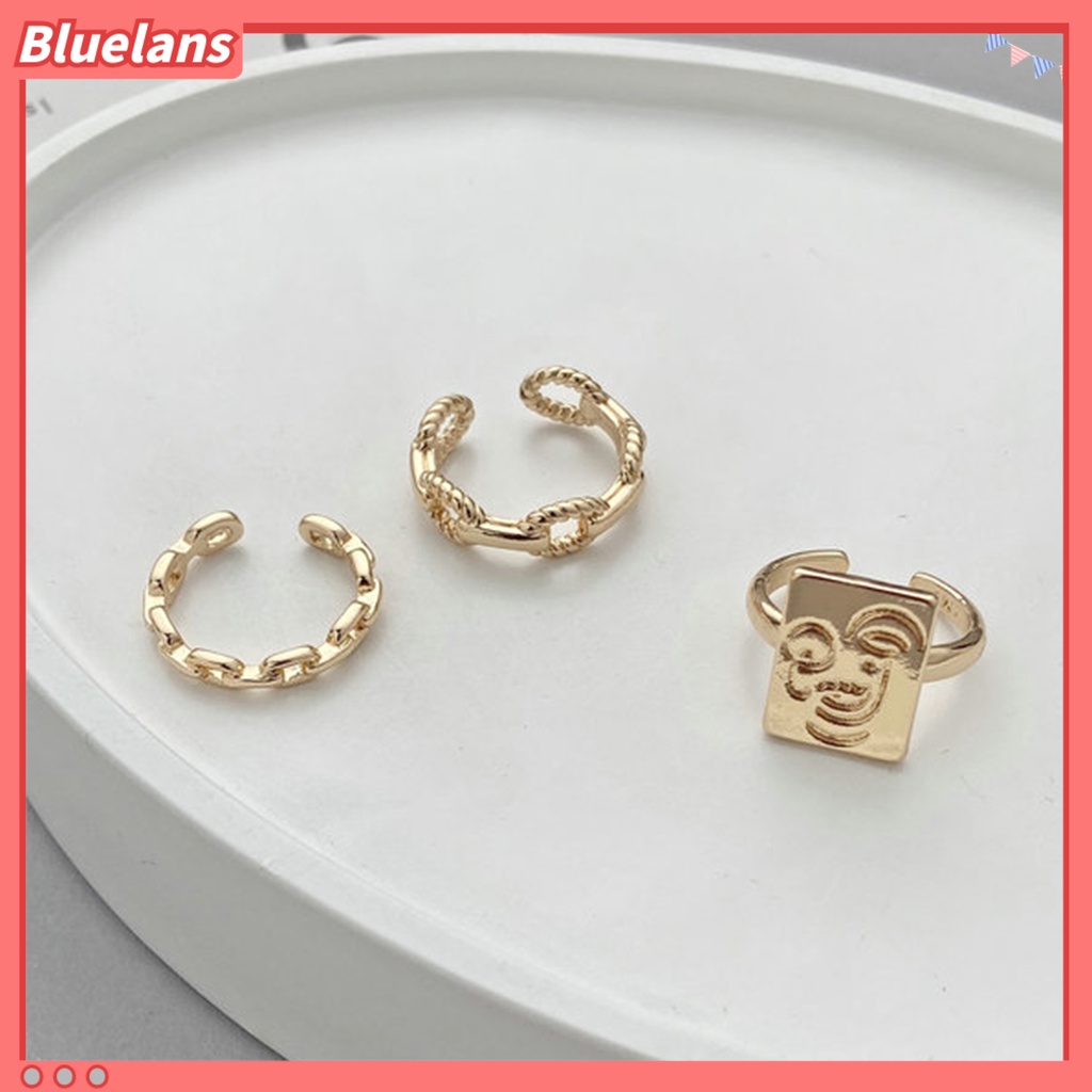 {In Stock} 3Pcs Cincin Wanita Adjustable Wajah Tersenyum Rantai Memutar Jari Terbuka Rings Perhiasan Untuk Pakaian Sehari-Hari