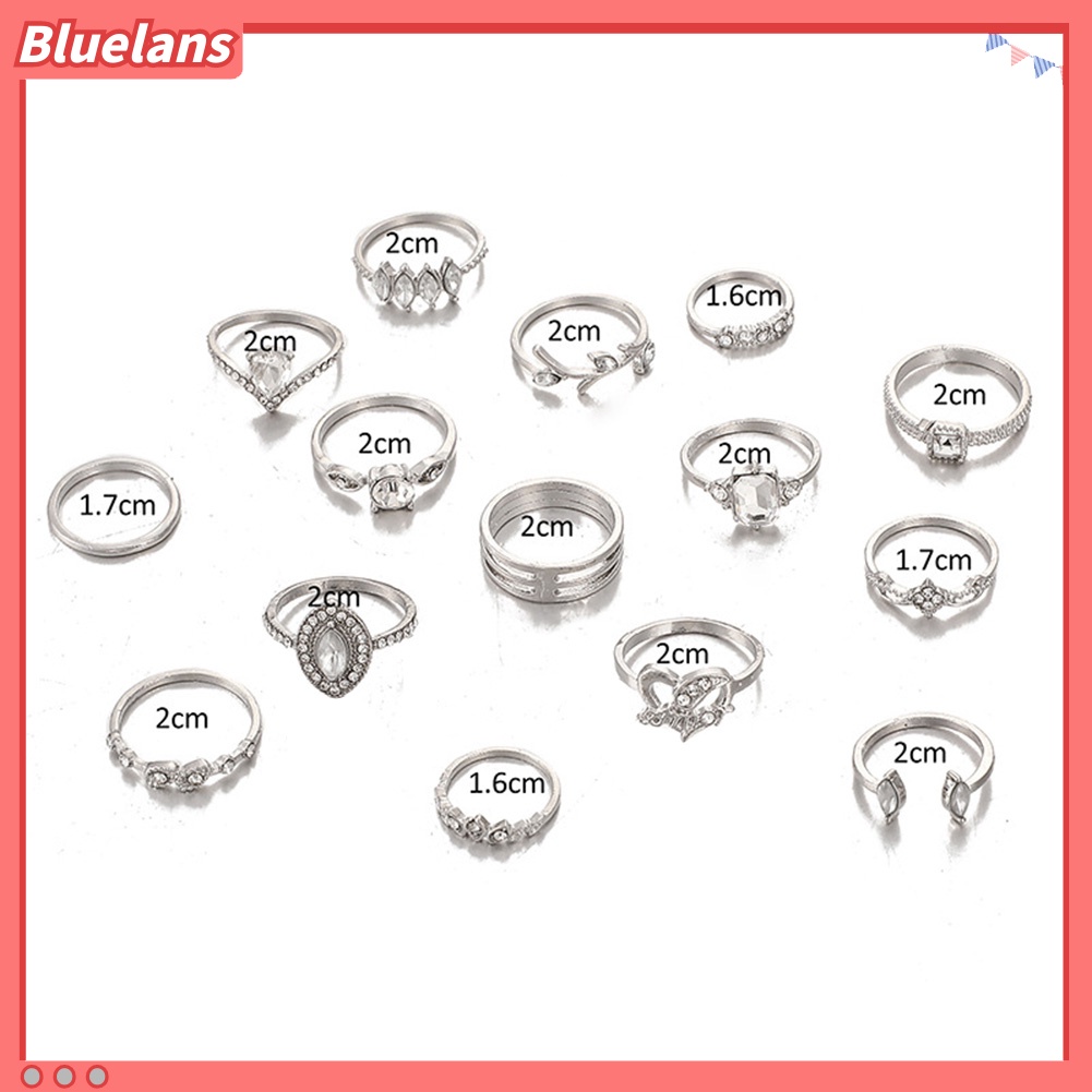 {In Stock} 15Pcs/Set Boho Wanita Berlian Imitasi Daun Hati Geometris Jari Cincin Perhiasan Hadiah