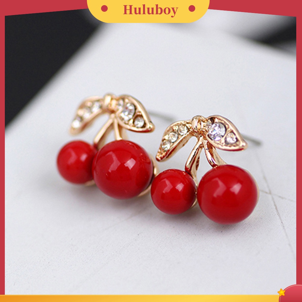 {Ready Stock} Wanita Merah Cherry Bening Berlian Imitasi Telinga Studs Beads Golden Alloy Leaves Earrings