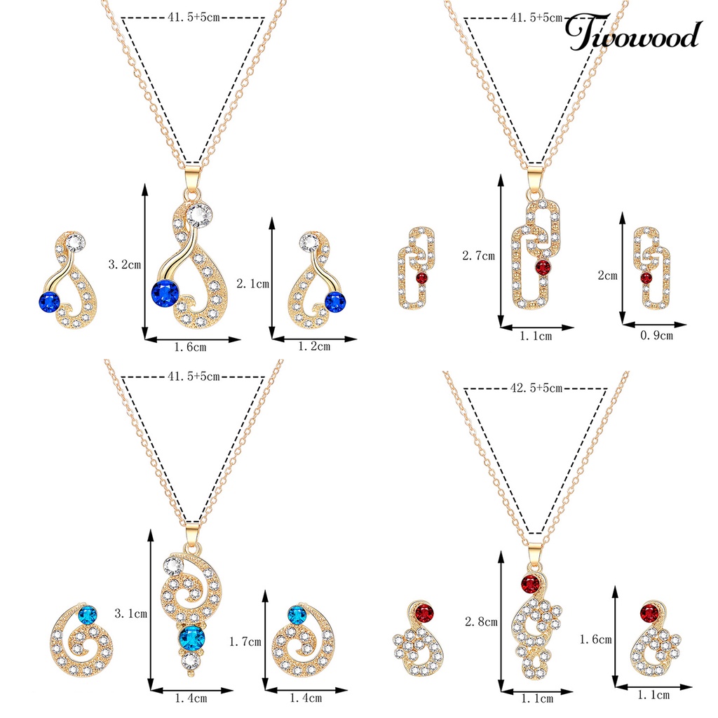 Twowood 1set Wanita Kalung Anting Geometris Elegan Hias Sparkling Adjustable Perhiasan Hadiah Faux Gem Lady Fashion Berlian Imitasi Mengkilap Liontin Kalung Anting Untuk Pesta