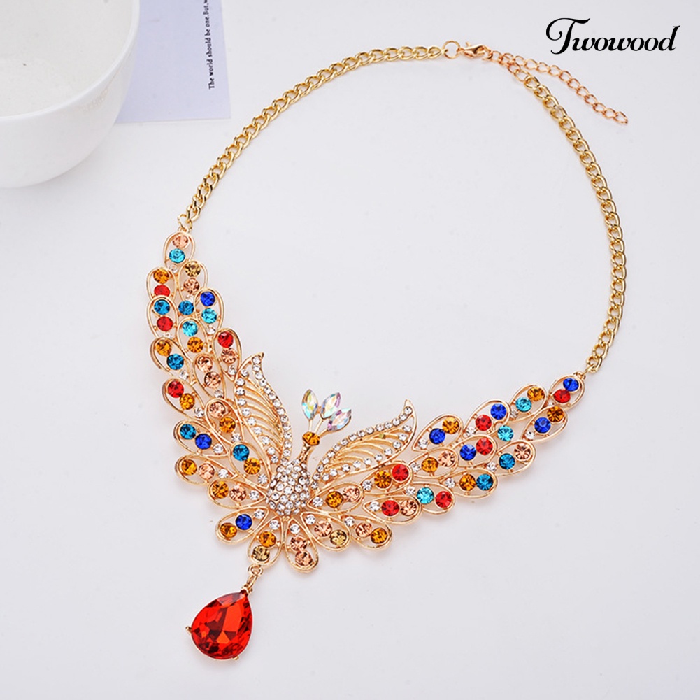 Twowood Retro Multicolor Berlian Imitasi Berongga Merak Bib Kalung Telinga Studs Set Perhiasan